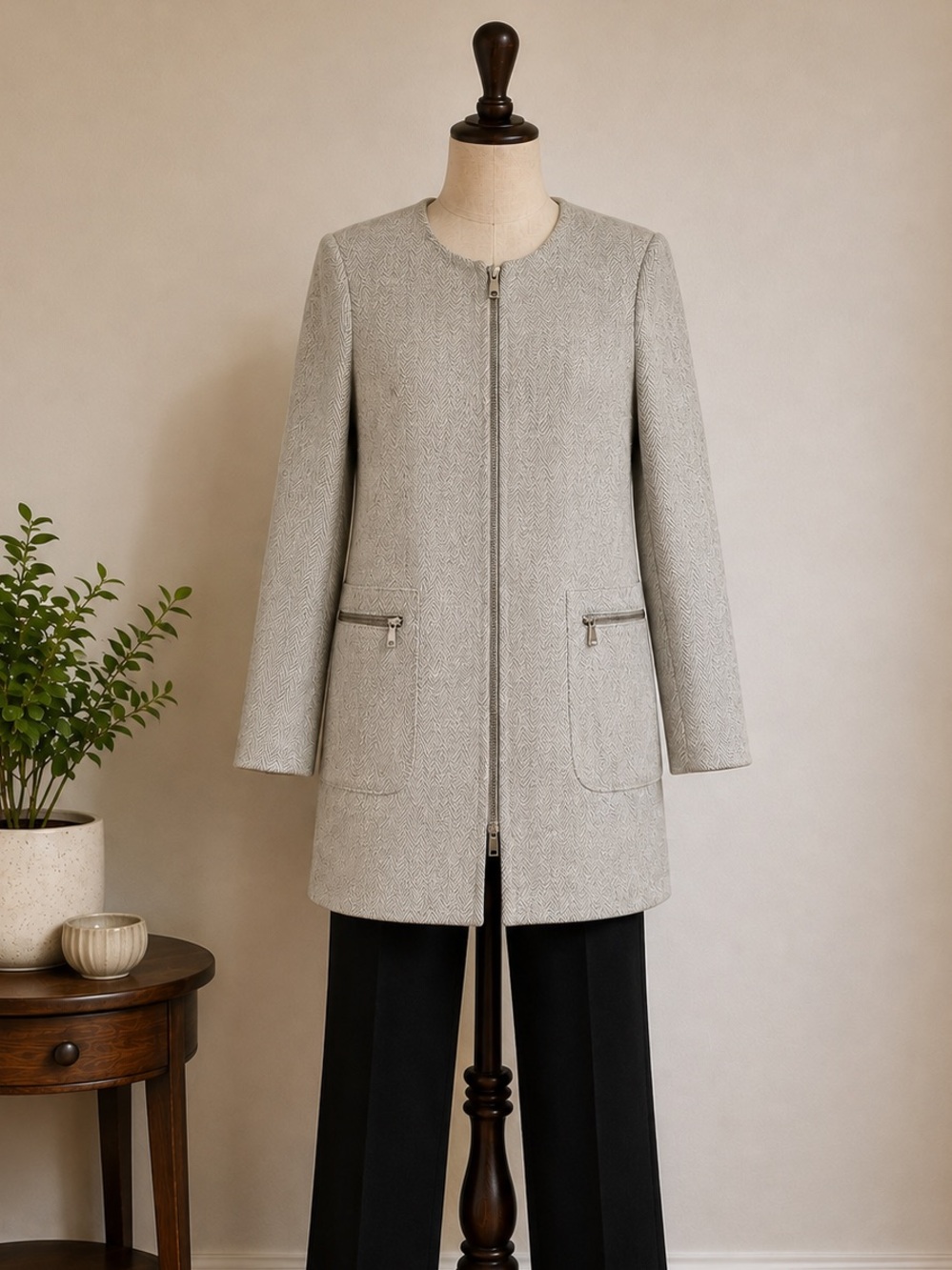 Zara Herringbone Collarless Long Coat Grey Tailored Zip Jacket Size Small